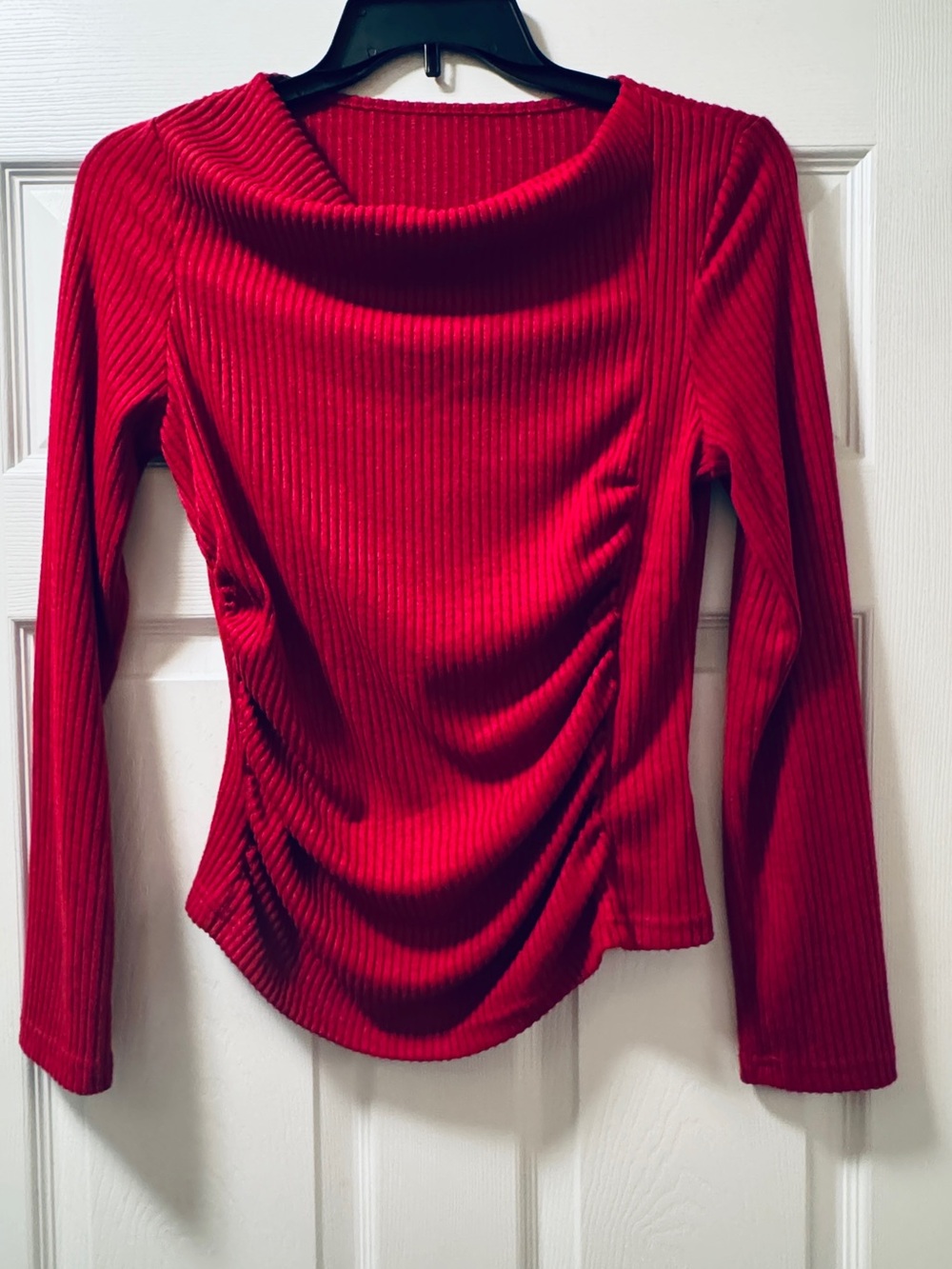 SHEIN Red Ribbed Cowl Neck Ruched Long Sleeve Top